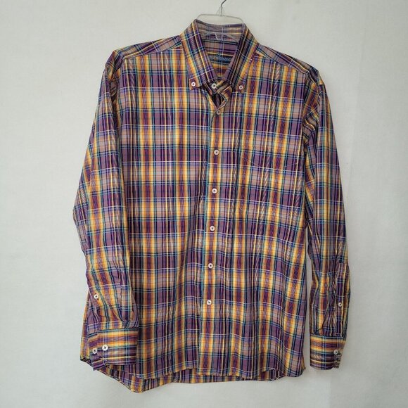 Alan Flusser Other - Alan Flusser Shirt Mens L Purple Yellow Plaid Cotton Pocket Preppy Office Casual